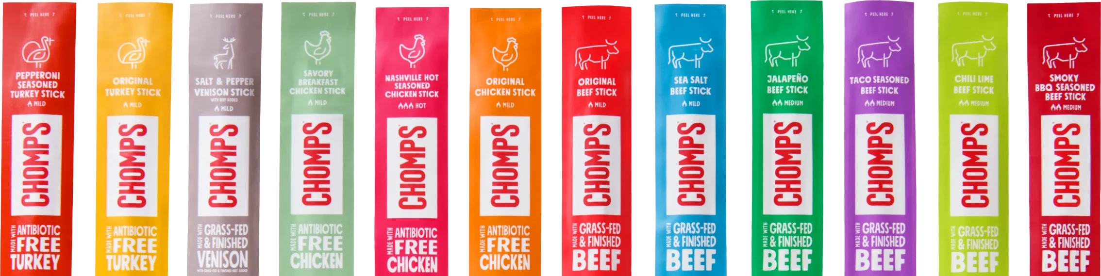 The Chomps lineup — beef, chicken, turkey and venison snack sticks